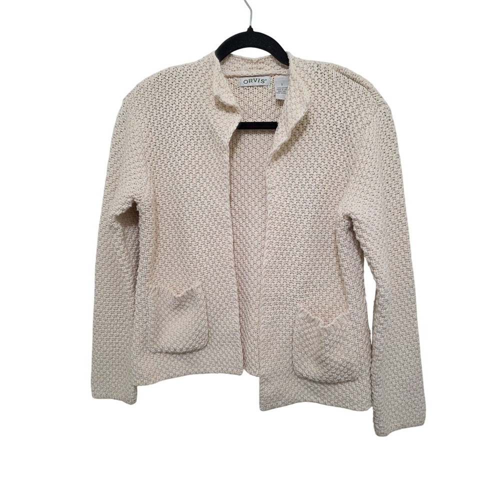 ORVIS Women's Crochet Textured Cotton Open Front Cardigan Sweater Size S In Crea